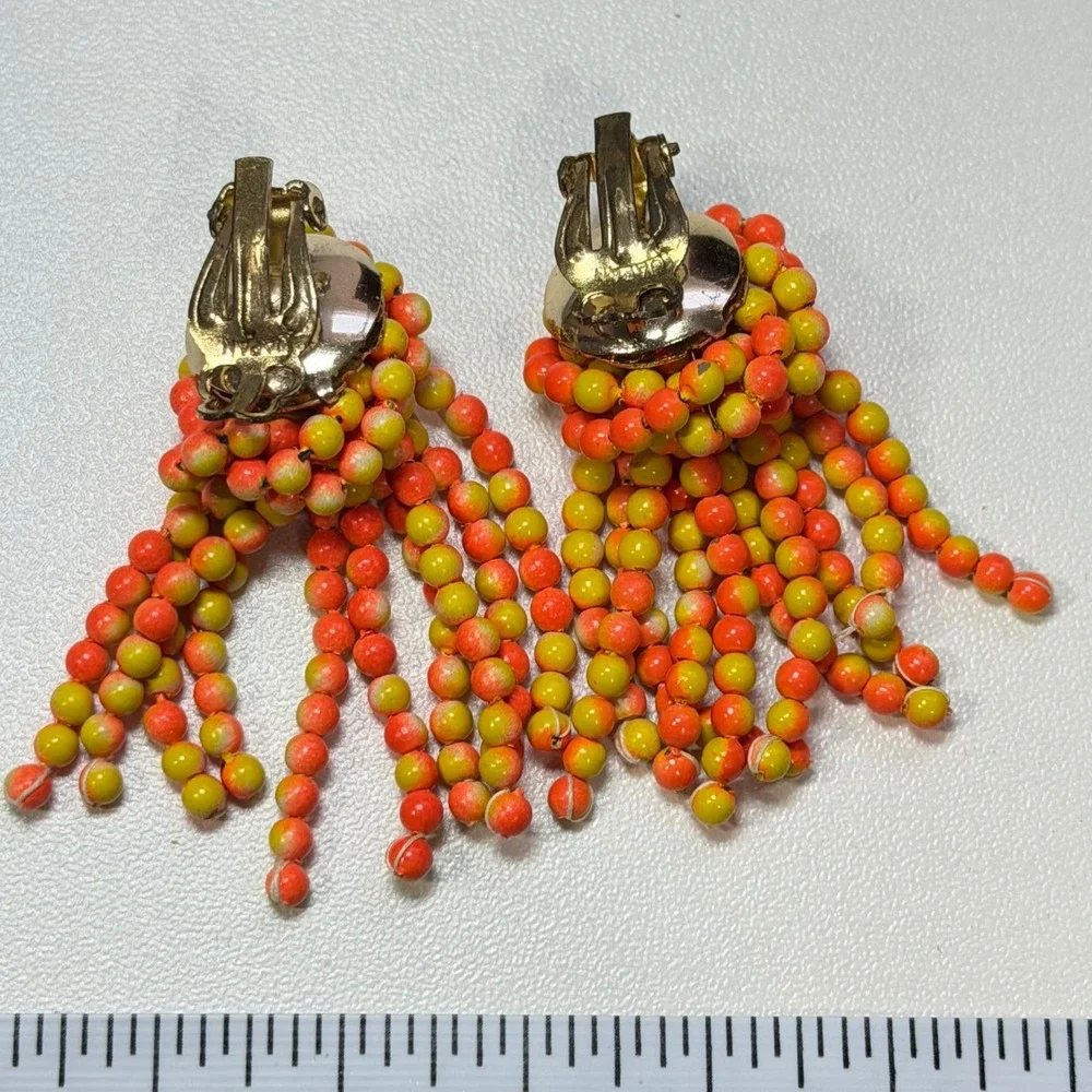 Vintage Japan Citrus Orange Yellow Cha Cha Bead Clip-On Tassel Fringe  Earring